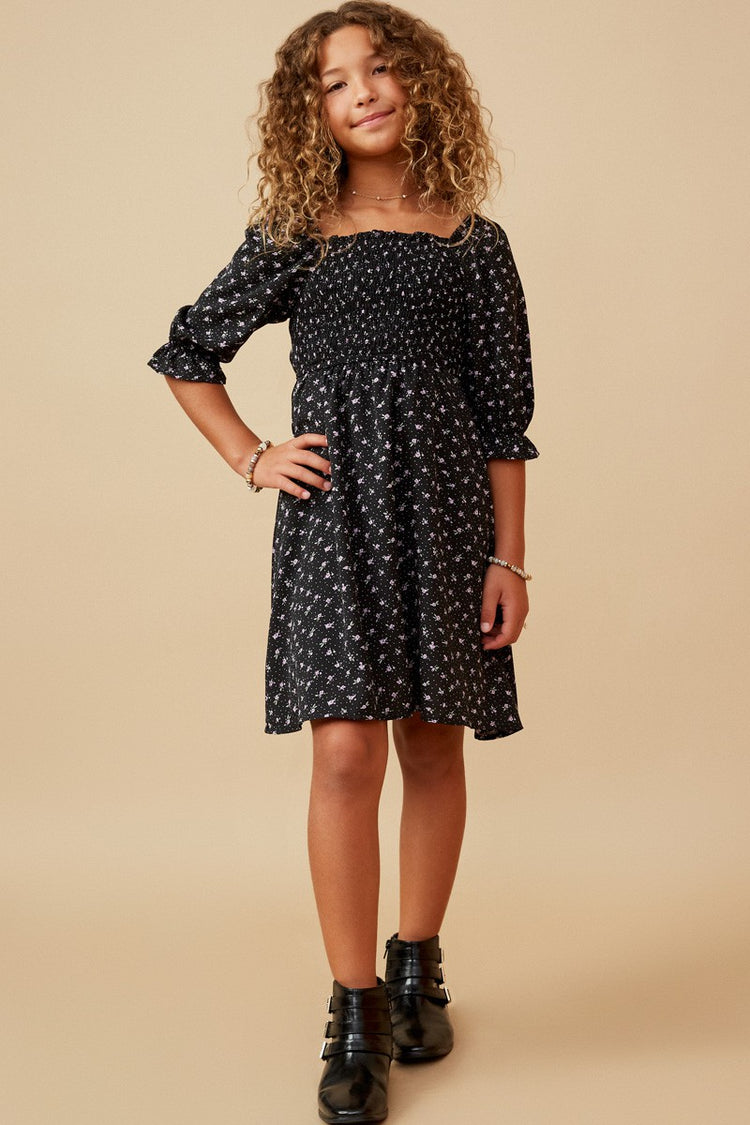 Black Floral Smocked Dress