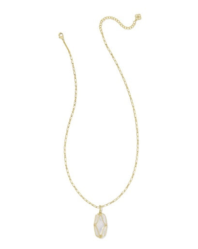 Elle Lattice Frame Large Long Pendant Necklace Gold Ivory Mother Of Pearl
