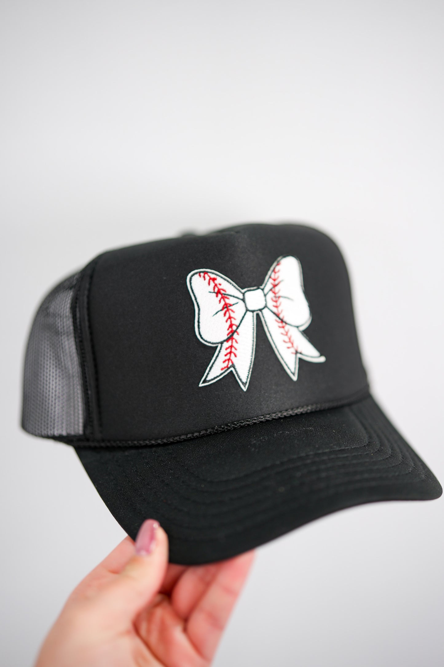 Baseball Bow Coquette Patch Foam Trucker Hat - Black - Southern Belle Boutique
