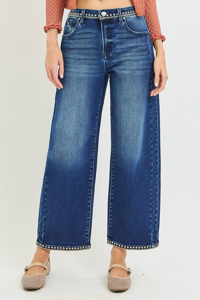 Risen Slouchy Cropped Barrel Jeans with Embroidered Hem