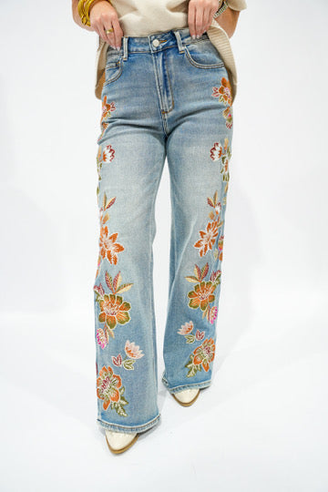 Flower Embroidery High Waist Flare Jean - Southern Belle Boutique