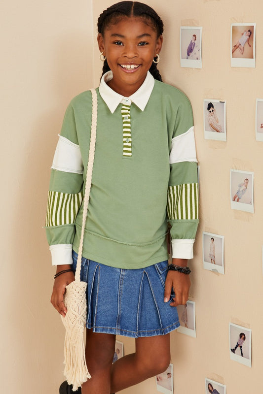Olive Blocked Knit Rugby Shirt - Southern Belle Boutique