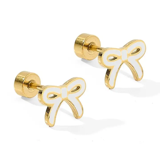 Screwback Stud Earrings - Sadie Bow White - Southern Belle Boutique