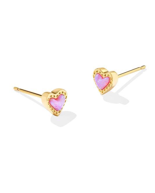 Mini Ari Heart Stud Earrings - Gold Bubblegum Pink Kyocera Opal