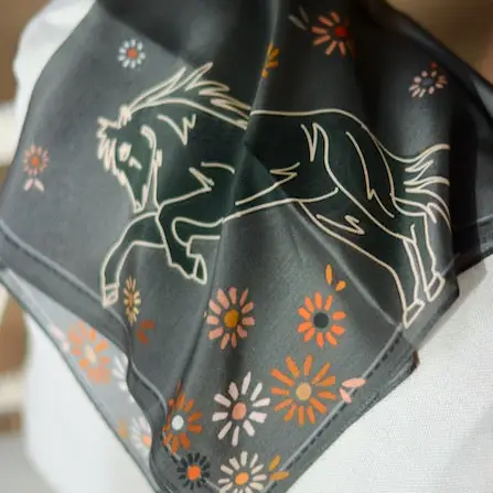 Floral Daisy Charcoal Bucking Horse Silk Wildrag Scarf