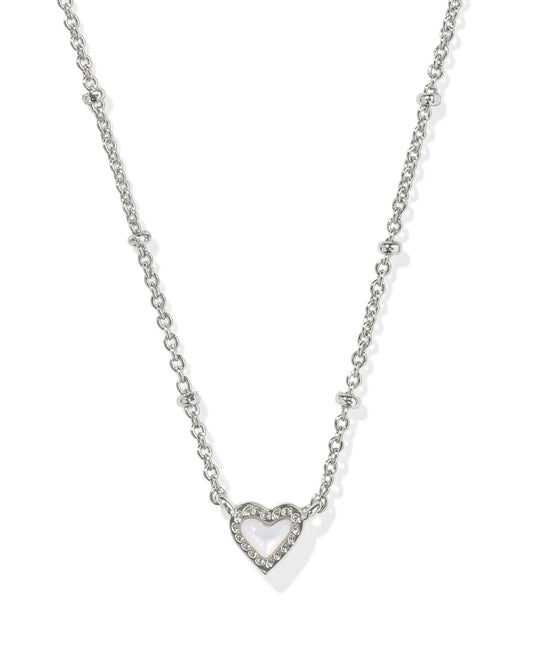 Mini Ari Heart Satellite Short Pendant Necklace - Silver Ivory Mother Of Pearl