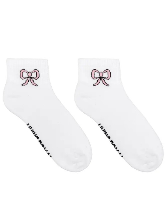 Classic Ankle Socks w/ Ribbed Tubing - Pink Bows - White