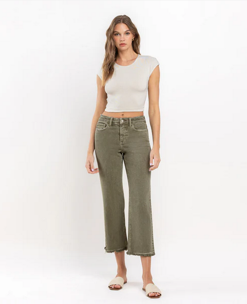 High Rise Raw Crop Straight Jeans - Deep Lichen Green