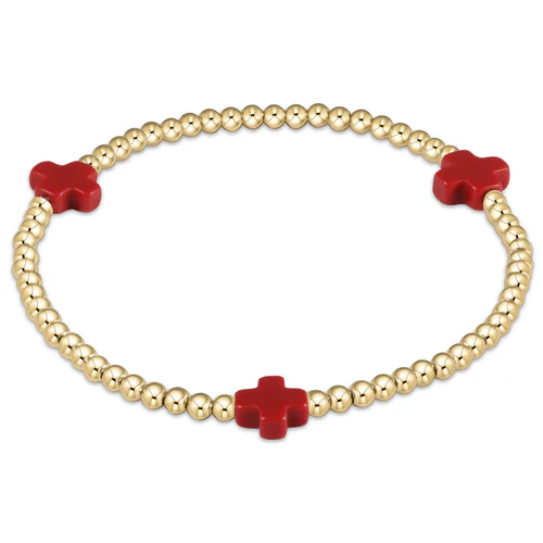 Signature Cross Gold Pattern 3mm Bead Bracelet - Red