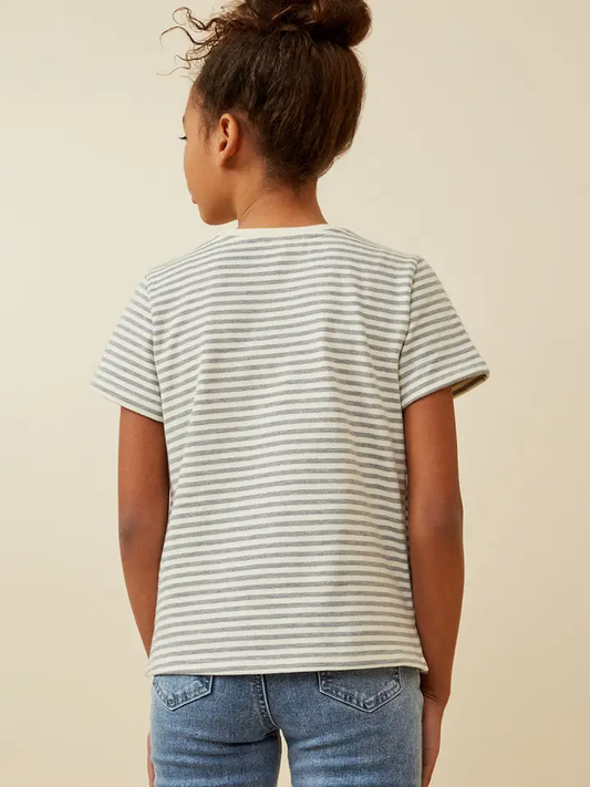 Girls Sequin Heart Patch Striped Knit Top