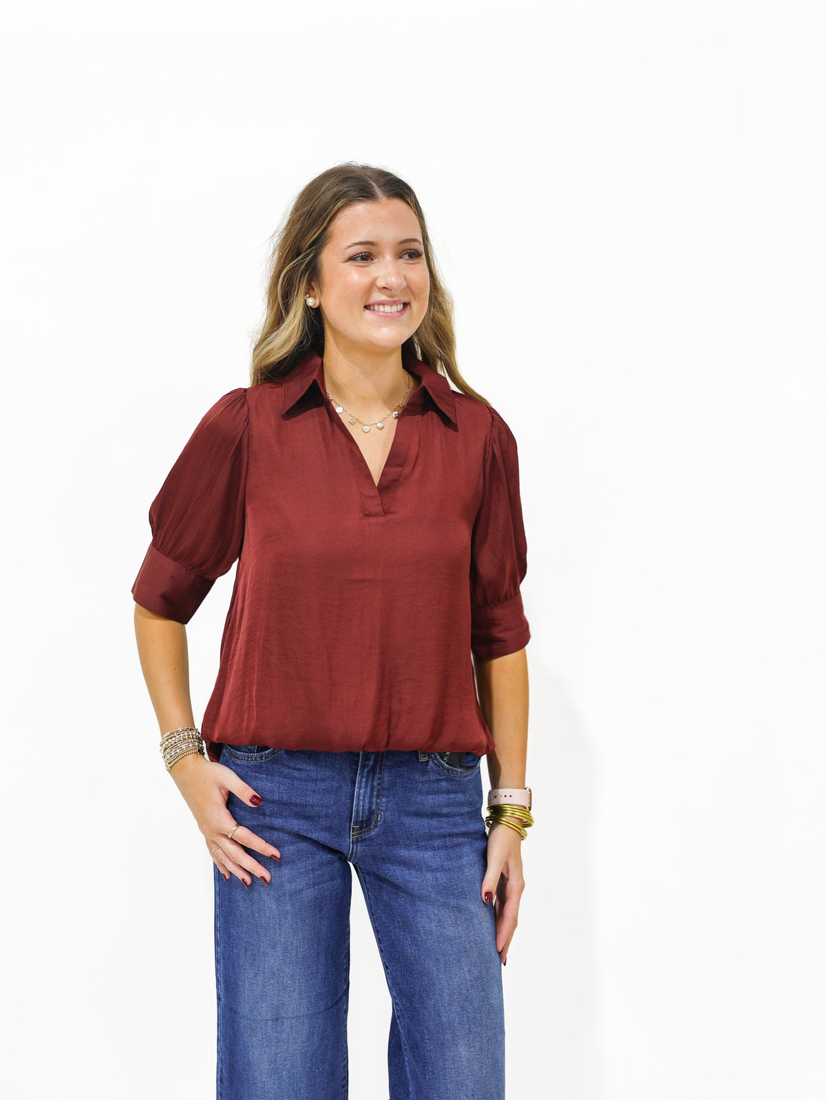 Wine Hi Lo Bubble Hem Blouse - Southern Belle Boutique