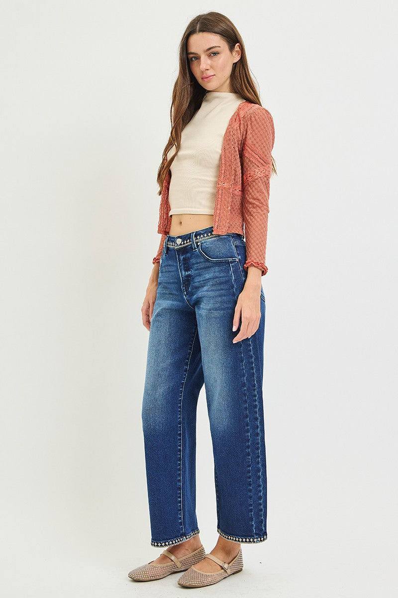 Risen Slouchy Cropped Barrel Jeans with Embroidered Hem