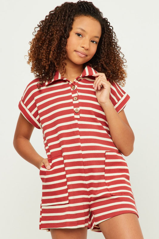 Rust Stripe Short Sleeve Collared Patch Pocket Romper