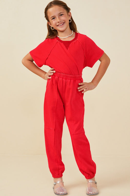 Red Washed Paneled Knit Joggers - Southern Belle Boutique