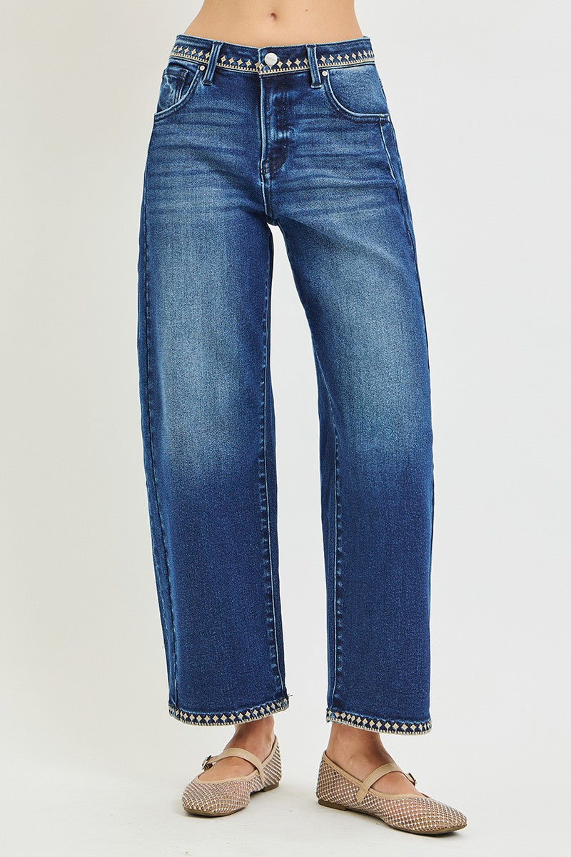 Risen Slouchy Cropped Barrel Jeans with Embroidered Hem