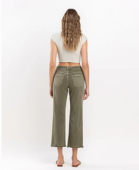 High Rise Raw Crop Straight Jeans - Deep Lichen Green