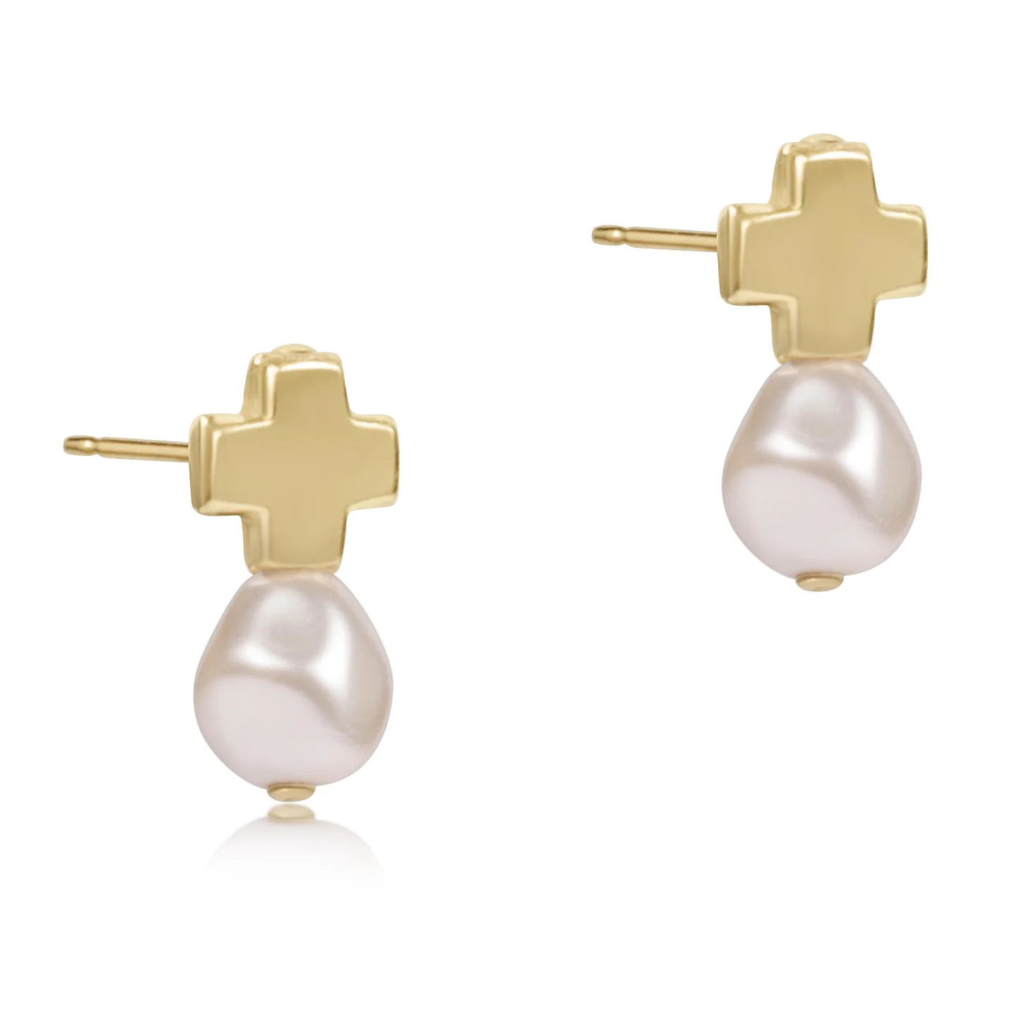 Signature Cross Gold Stud Earrings - Pearl