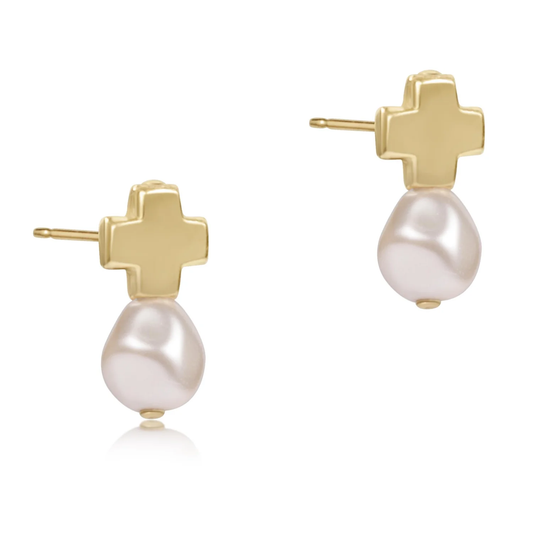 Signature Cross Gold Stud Earrings - Pearl