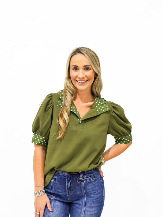 Olive Polka Dot Blouse - Southern Belle Boutique