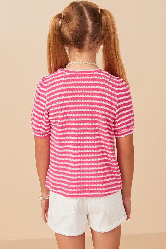 Pink Textured Stripe Puff Sleeve Knit Top - Southern Belle Boutique