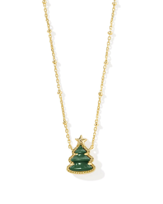 Holiday Tree Short Pendant Necklace Gold Green Quartzite