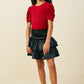 Girls Ribbed Pleated Shoulder Puff Sleeve Top - Red