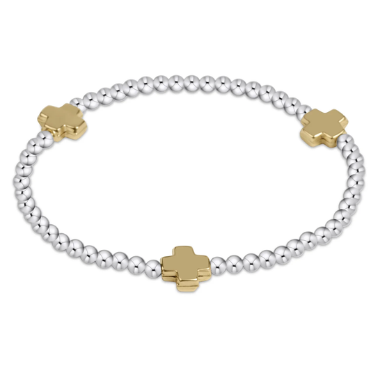 Signature Cross Sterling Mixed Metal Pattern 3mm Bead Bracelet- Gold (EXTENDS) - Southern Belle Boutique