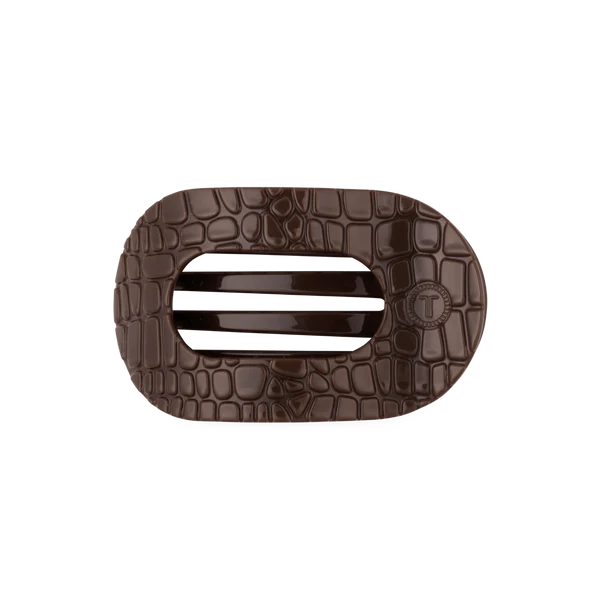 Medium Flat Round Hair Clip - Brown Crocodile