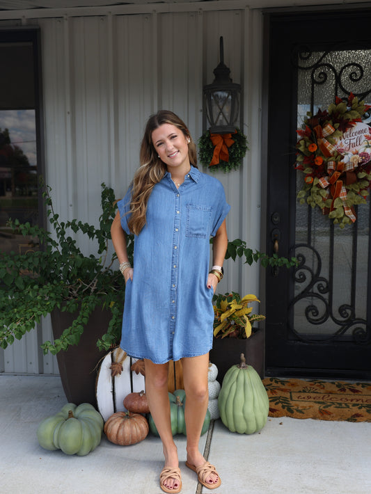 Denim Button Down Shirt Dress - Med Wash - Southern Belle Boutique