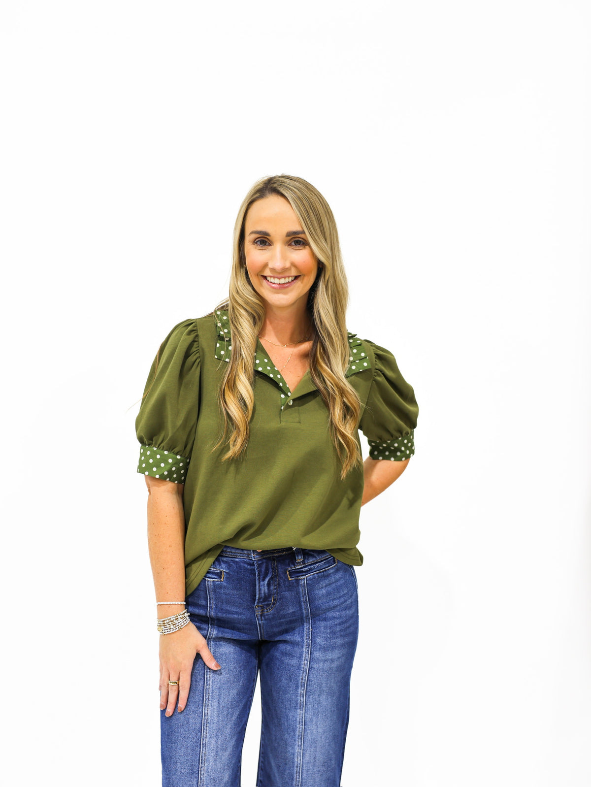 Olive Polka Dot Blouse - Southern Belle Boutique