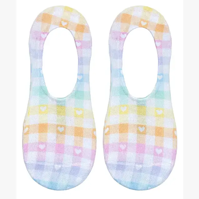 No-Show Liner Socks - Rainbow Plaid w/ White Hearts