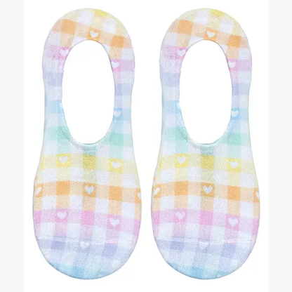 No-Show Liner Socks - Rainbow Plaid w/ White Hearts