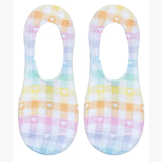No-Show Liner Socks - Rainbow Plaid w/ White Hearts