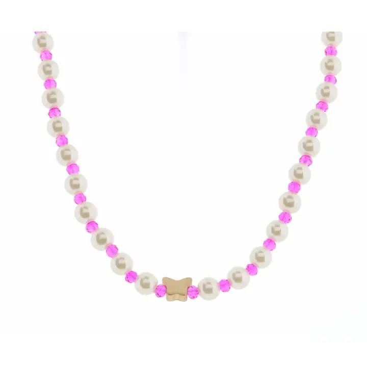 Kids 14" Pearl & Hot Pink Faceted with Butterfly Necklace - Southern Belle Boutique