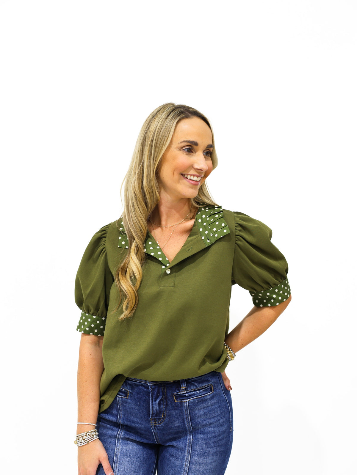 Olive Polka Dot Blouse - Southern Belle Boutique