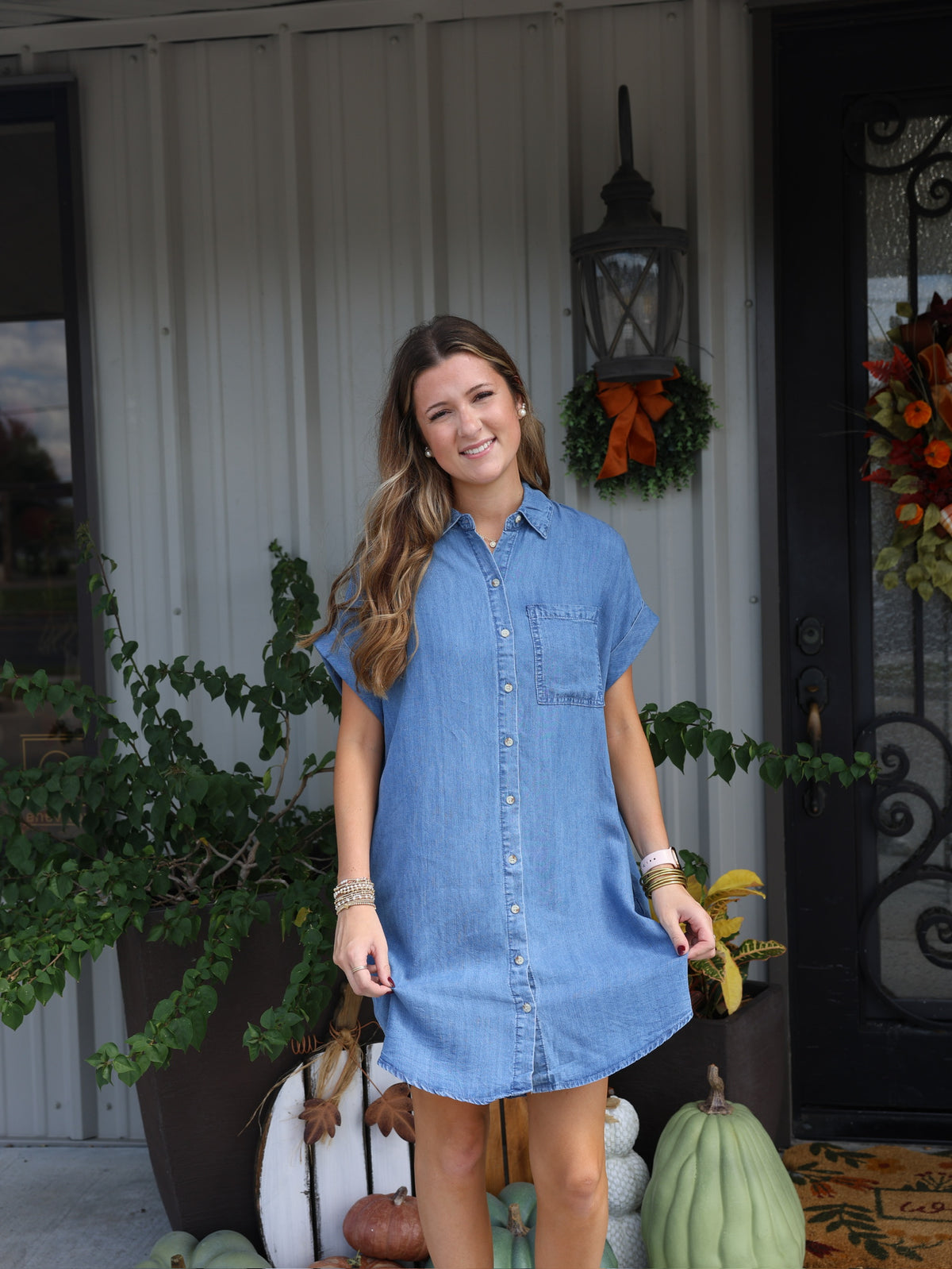 Denim Button Down Shirt Dress - Med Wash