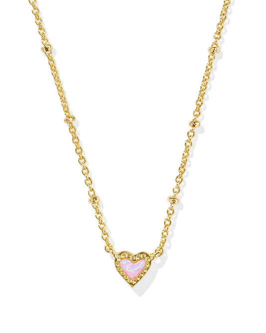 Mini Ari Heart Satellite Short Pendant Necklace - Gold Bubblegum Pink Kyocera Opal