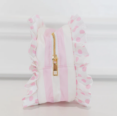 Ruffled Nylon Medium Clear Pouch - Pink Polka Stripe - Southern Belle Boutique