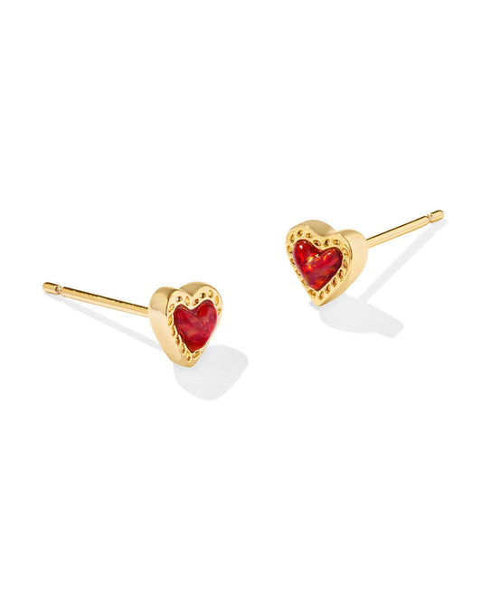 Mini Ari Heart Stud Earrings - Gold Red Kyocera Opal