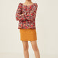 Print Ruffle Shoulder Long Sleeve Textured Top