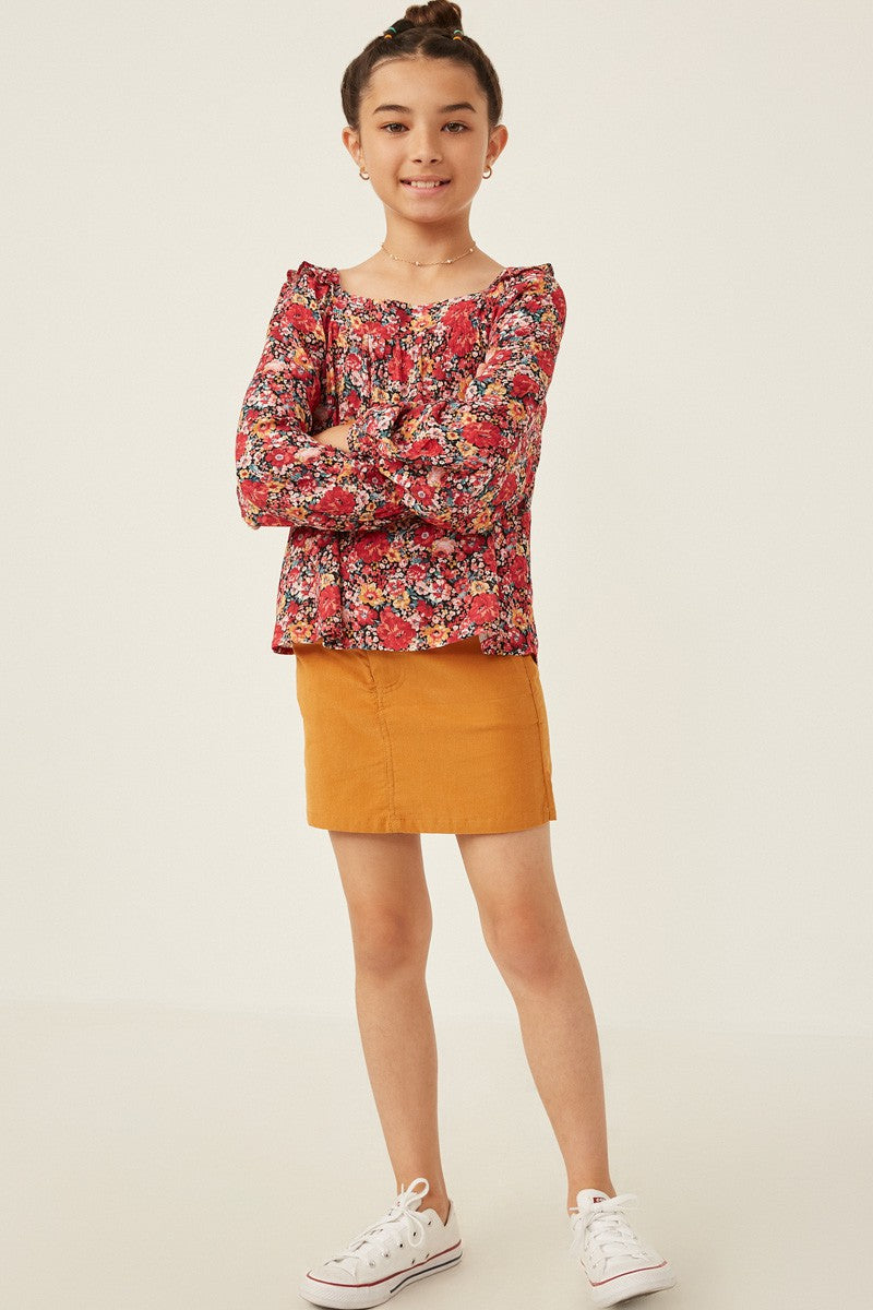 Print Ruffle Shoulder Long Sleeve Textured Top