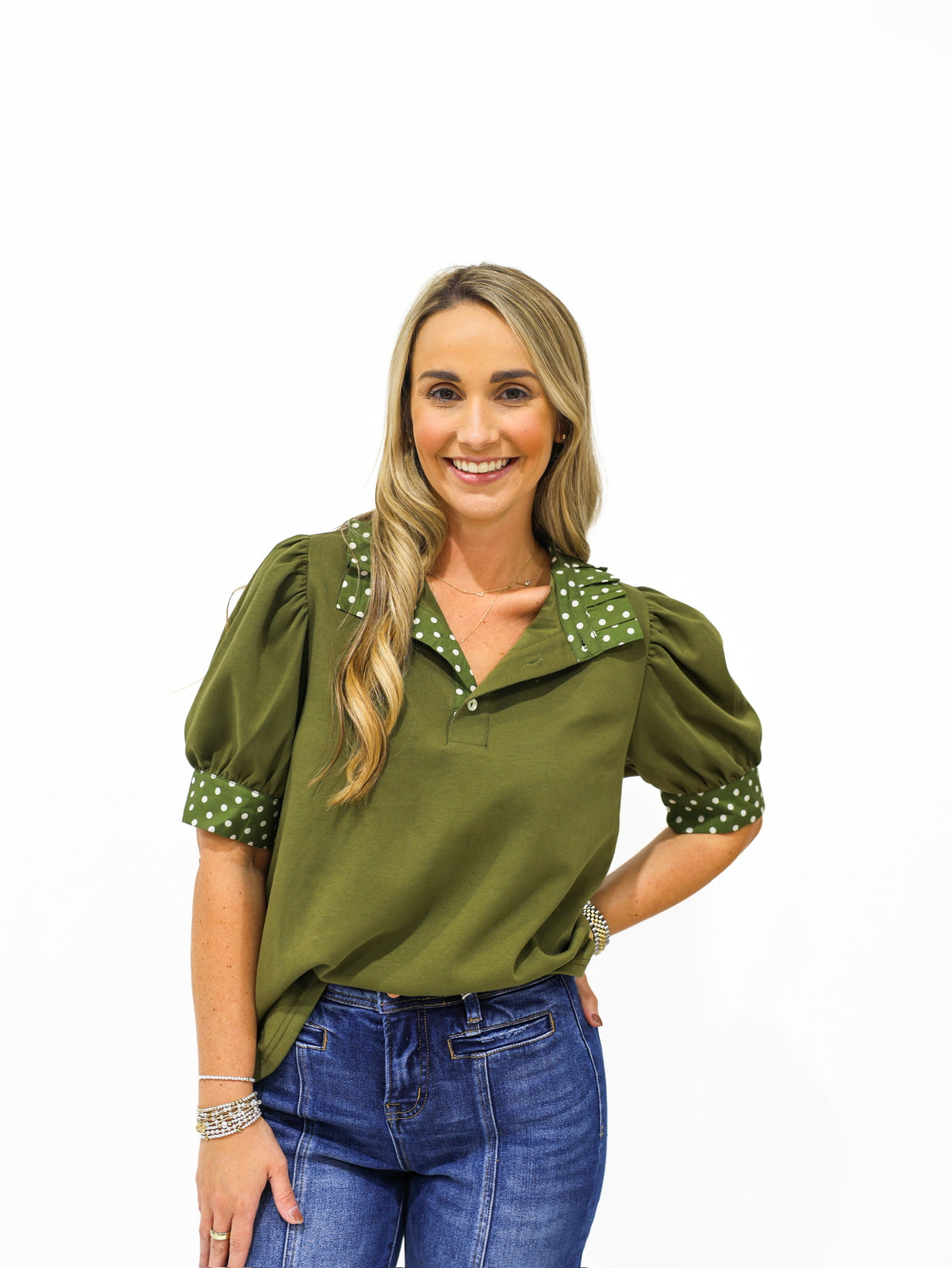 Olive Polka Dot Blouse - Southern Belle Boutique