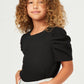 Ribbed Pleated Shoulder Puff Sleeve Top - Black