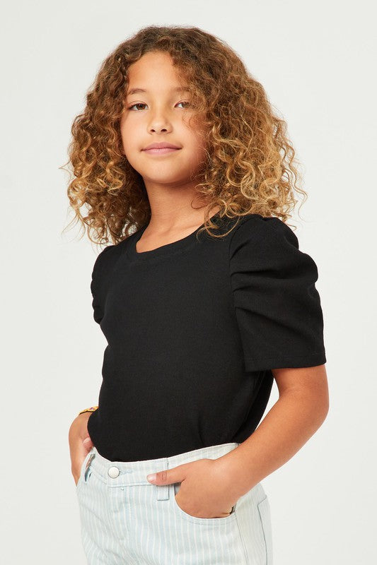 Ribbed Pleated Shoulder Puff Sleeve Top - Black
