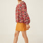 Print Ruffle Shoulder Long Sleeve Textured Top