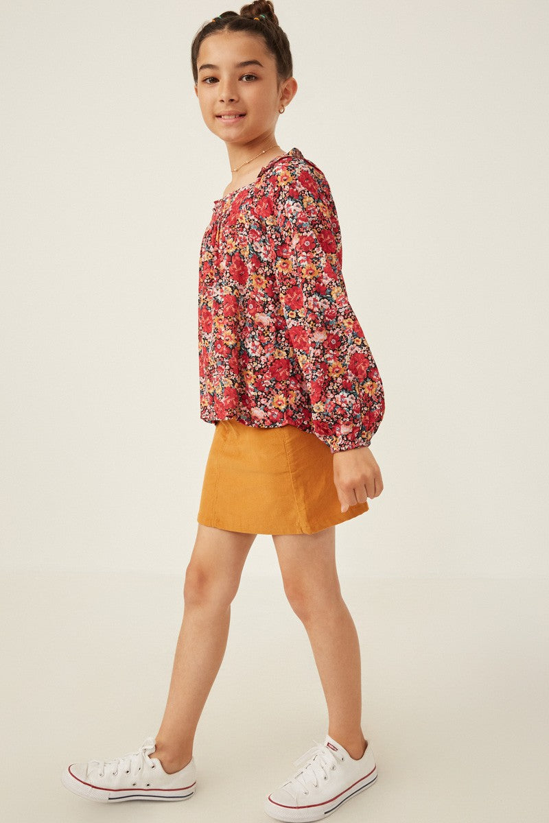 Print Ruffle Shoulder Long Sleeve Textured Top
