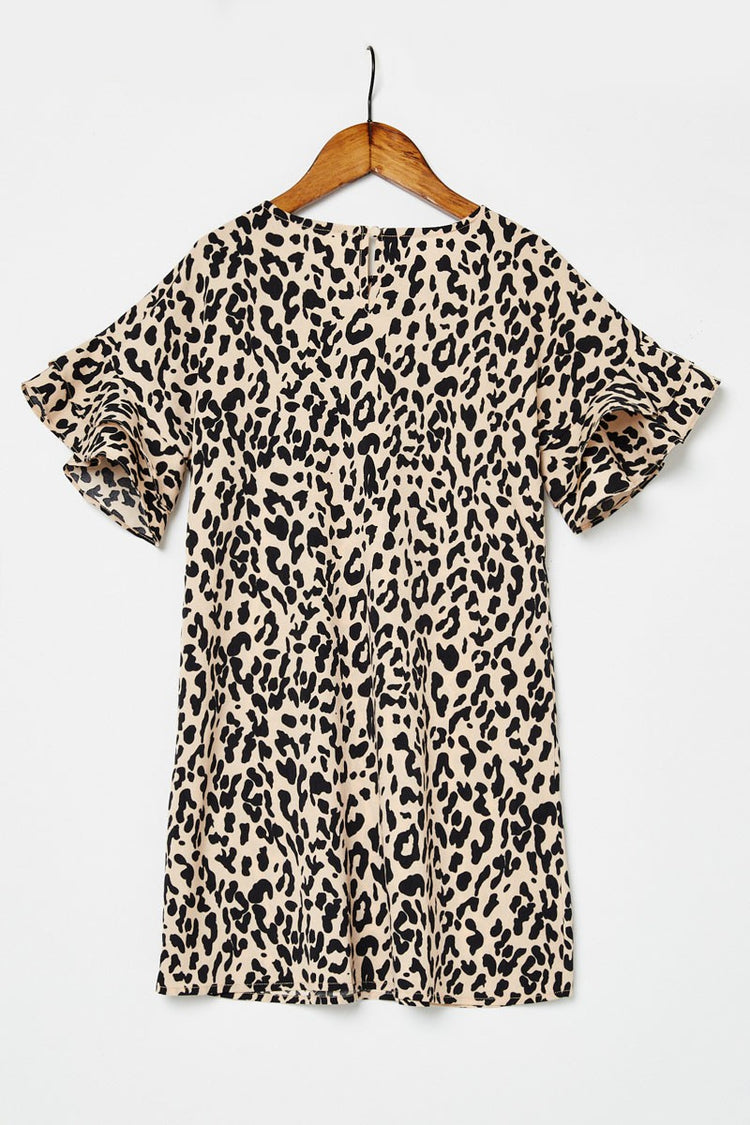 Leopard Print Ruffle Sleeve Shift Dress