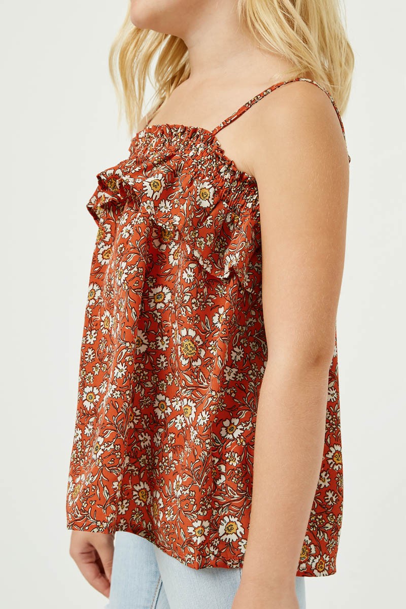 Coral Smocked Floral Print Ruffle Top