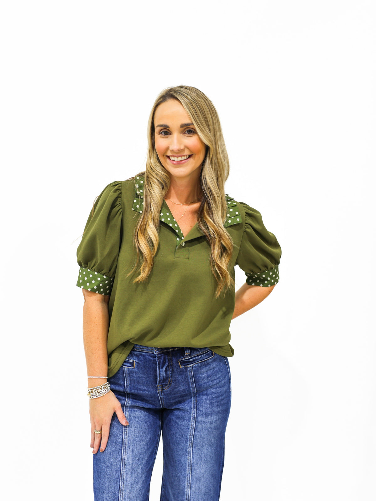 Olive Polka Dot Blouse - Southern Belle Boutique