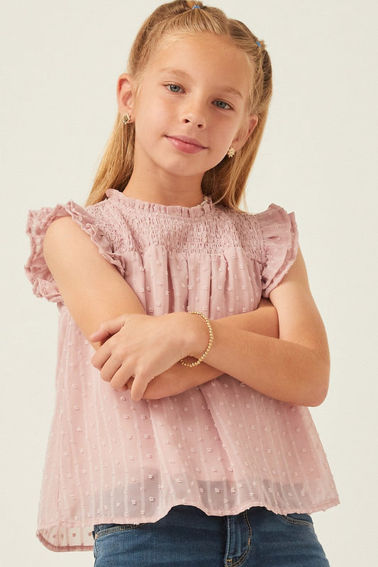 Girls Pink Ruffled Sleeve Smocked Swiss Dot Tank